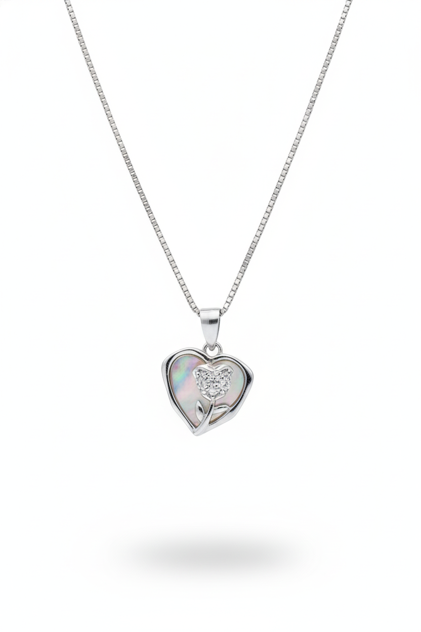 925 Sterling Silver Mother of Pearl Heart & Rose Necklace (Box Chain)