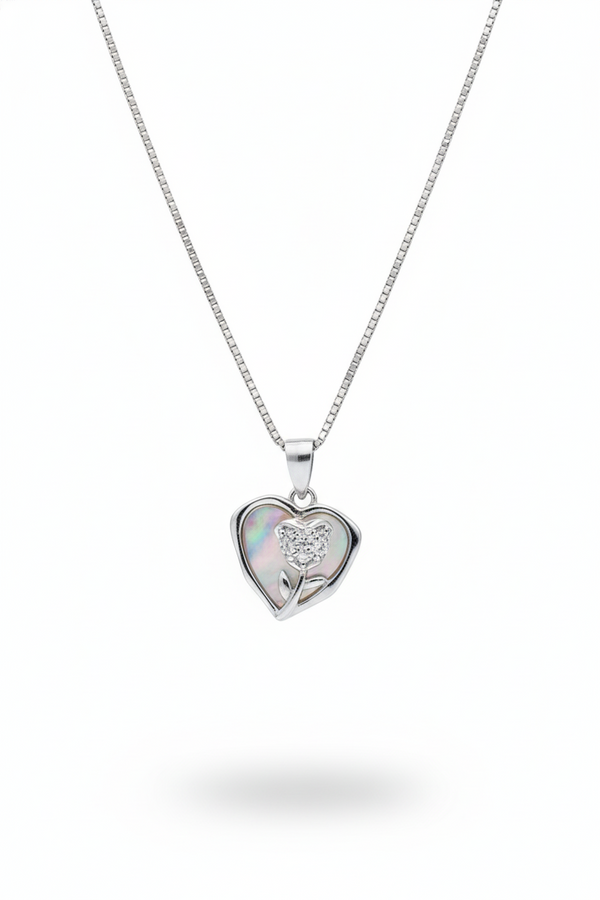 925 Sterling Silver Mother of Pearl Heart & Rose Necklace (Box Chain)