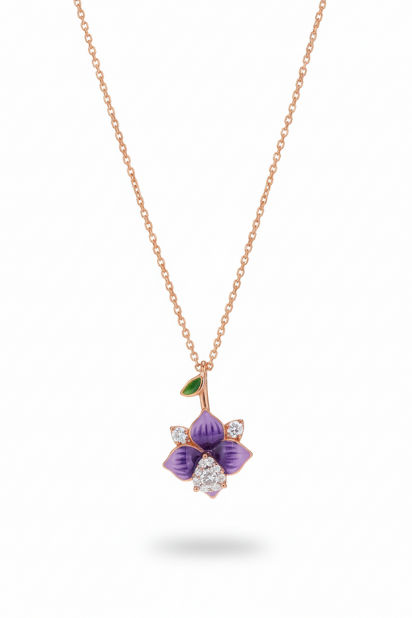 925 Sterling Silver Rose Gold Purple Flower Pendant Necklace