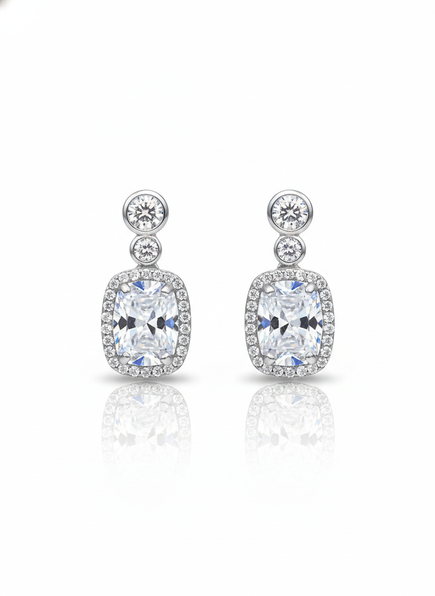 925 Sterling Silver Cushion Cut Halo Drop Earrings - Elegant CZ Dangle Earrings for Women