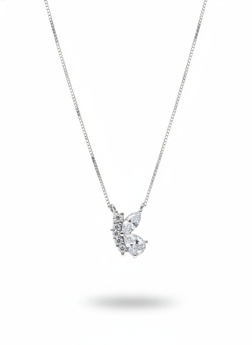 925 Sterling Silver Marquise Butterfly Pendant Necklace (Box Chain)