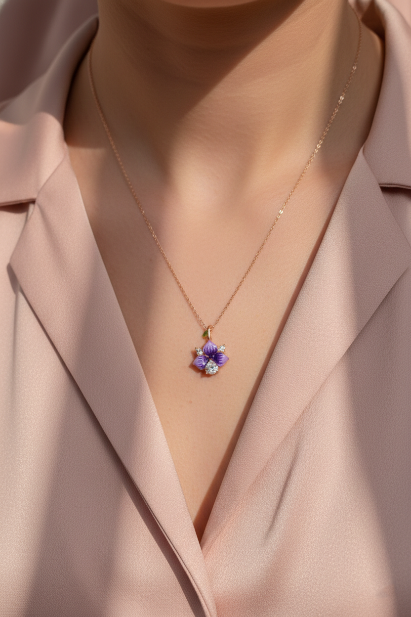 Rose gold necklace and earrings with diamond-like stones on a soft pink background