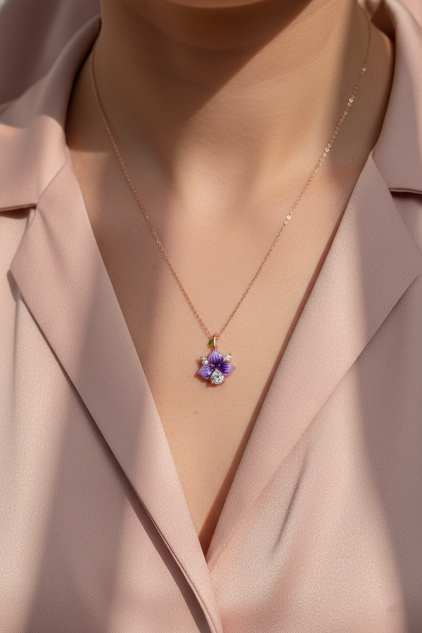 925 Sterling Silver Rose Gold Purple Flower Pendant Necklace