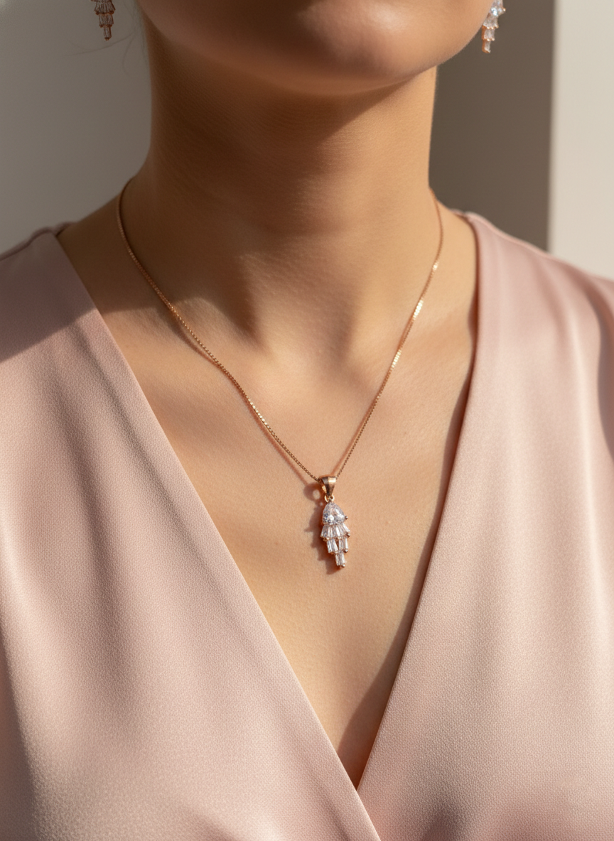 925 Sterling Silver Rose Gold Waterfall Pendant Set (Baguette & Pear Cut)