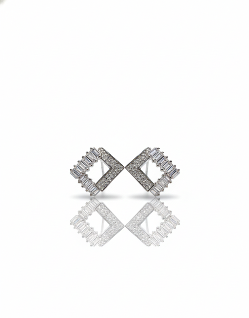 925 Sterling Silver Geometric Square Studs (Baguette & Pave)