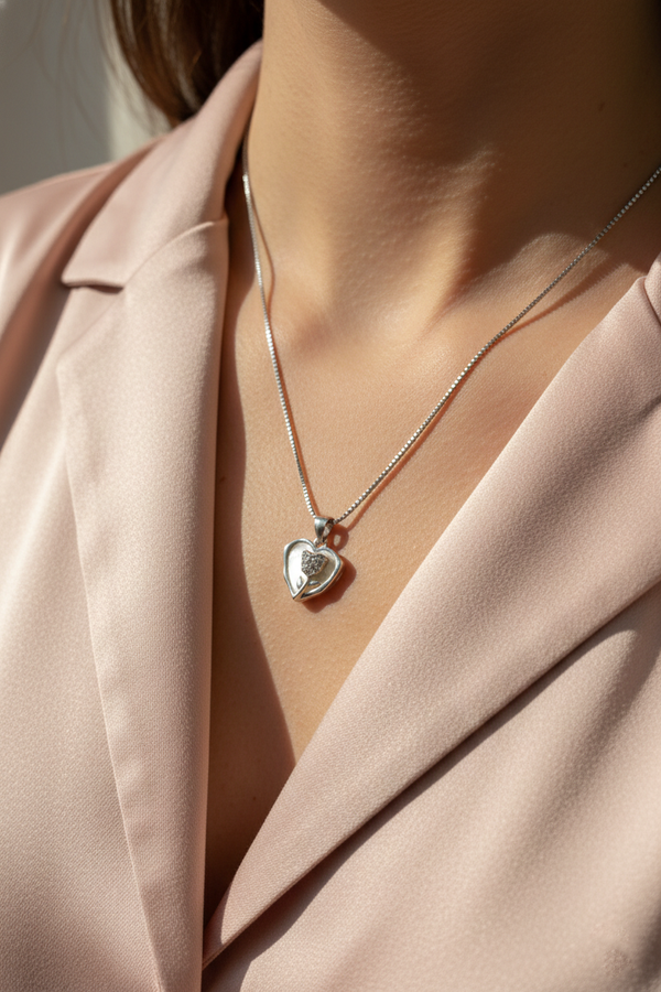 925 Sterling Silver Mother of Pearl Heart & Rose Necklace (Box Chain)