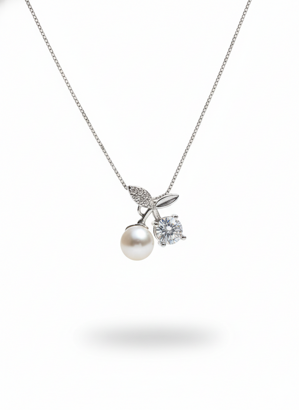 925 Sterling Silver Pearl & Crystal Cherry Pendant Necklace (Box Chain)