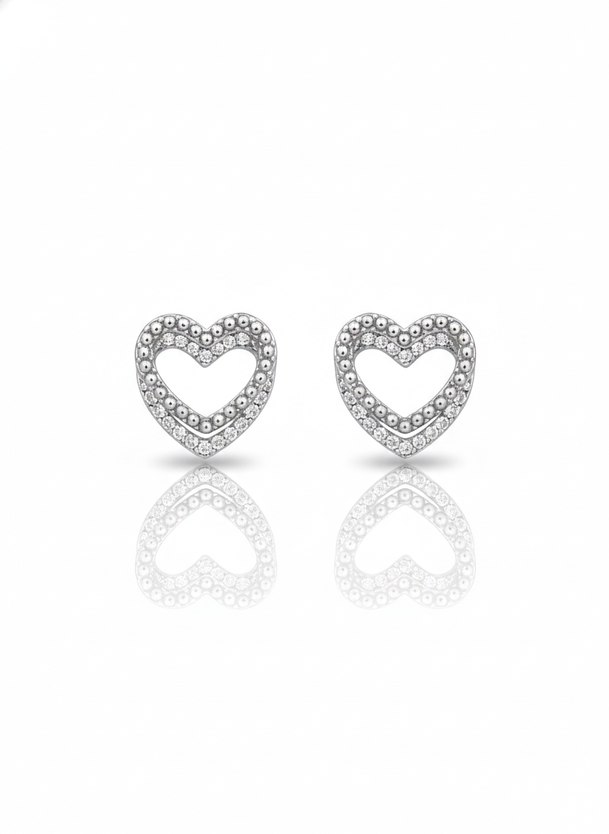 925 Sterling Silver Dainty Pavé Cubic Zirconia Open Heart Stud Earrings