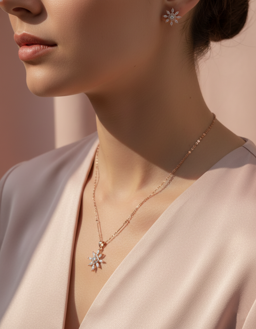 925 Sterling Silver Rose Gold Sunburst Pendant Set (Designer Chain)