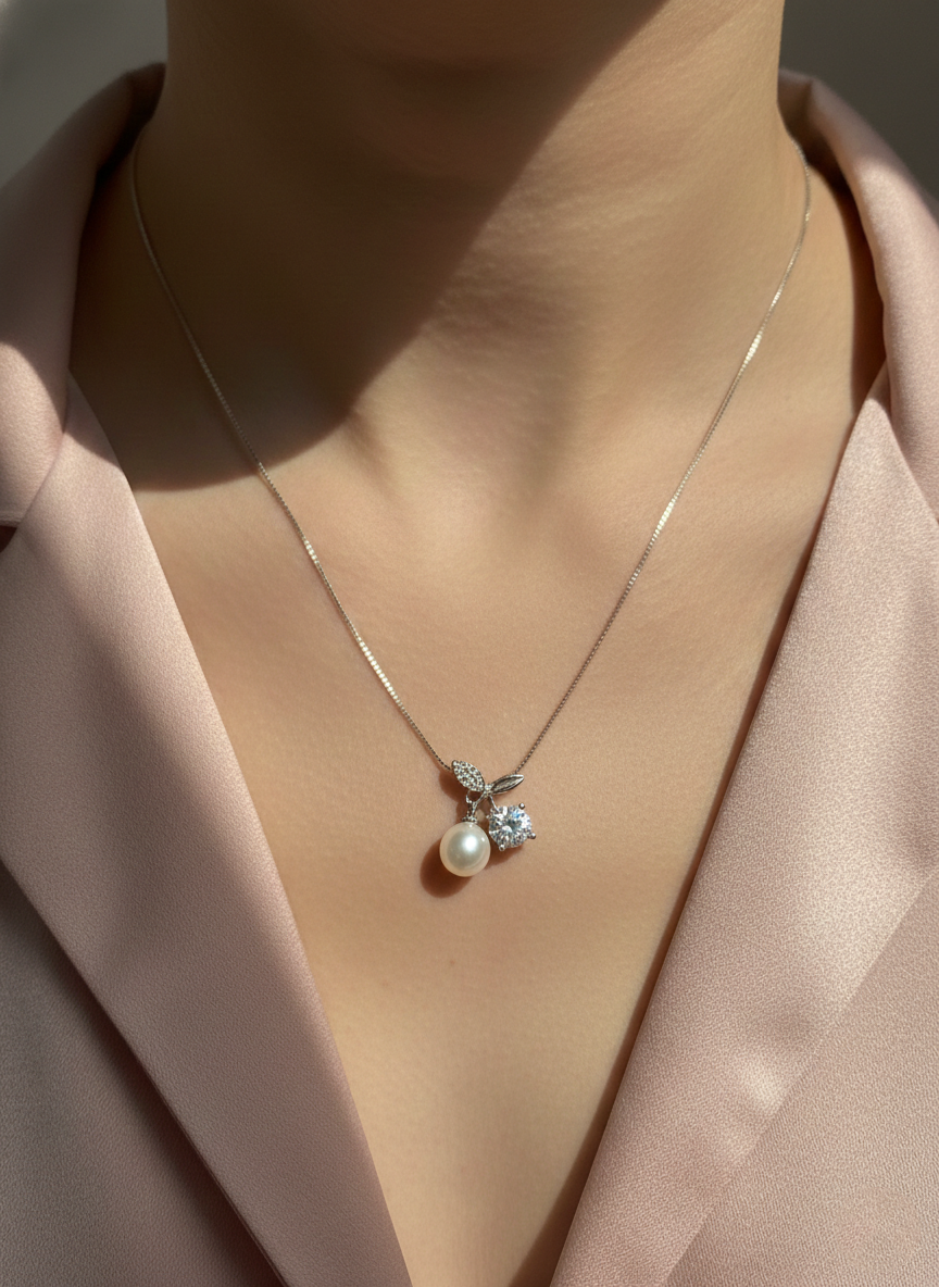 925 Sterling Silver Pearl & Crystal Cherry Pendant Necklace (Box Chain)