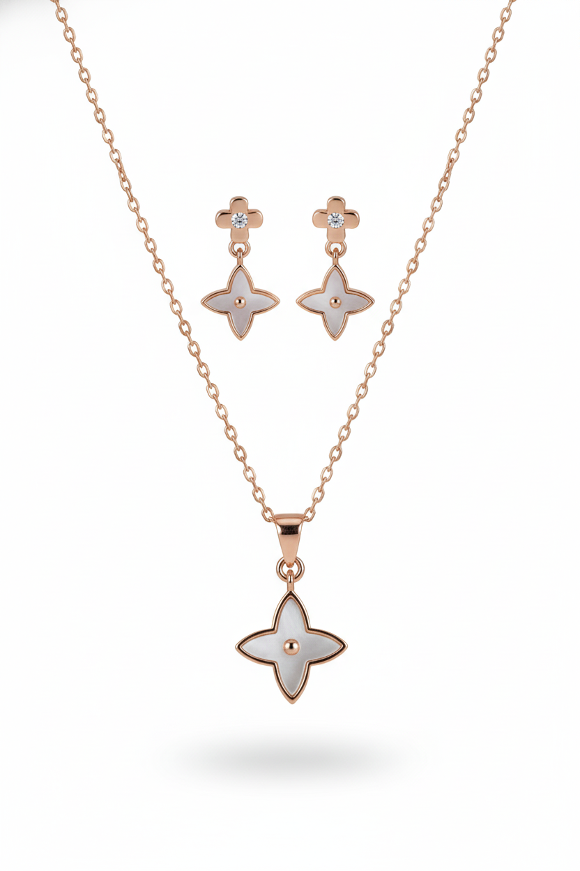 925 Sterling Silver Rose Gold Clover Necklace Set (Mother of Pearl)