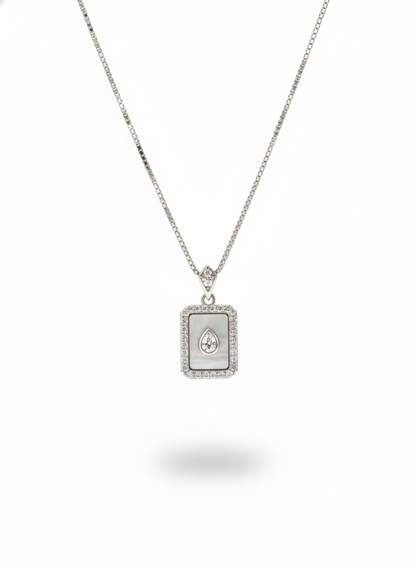 925 Sterling Silver Rectangular Mother of Pearl Pendant Necklace (Pear Stone)
