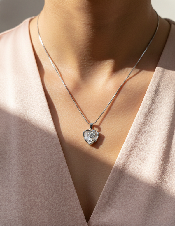 925 Sterling Silver Mother of Pearl Heart & Rose Necklace (Box Chain)