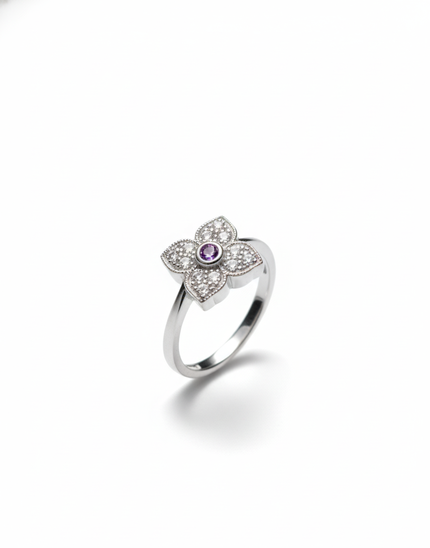 Arna's Silver – Enchanted Four-Petal Blossom Ring with Ruby Center