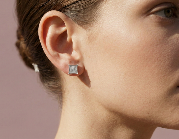925 Sterling Silver Micro-Pave Square Kite Stud Earrings – Iced Out Diamond Simulant Studs