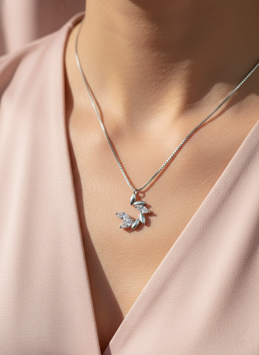 925 Sterling Silver Olive Branch Leaf Pendant Necklace (Box Chain)