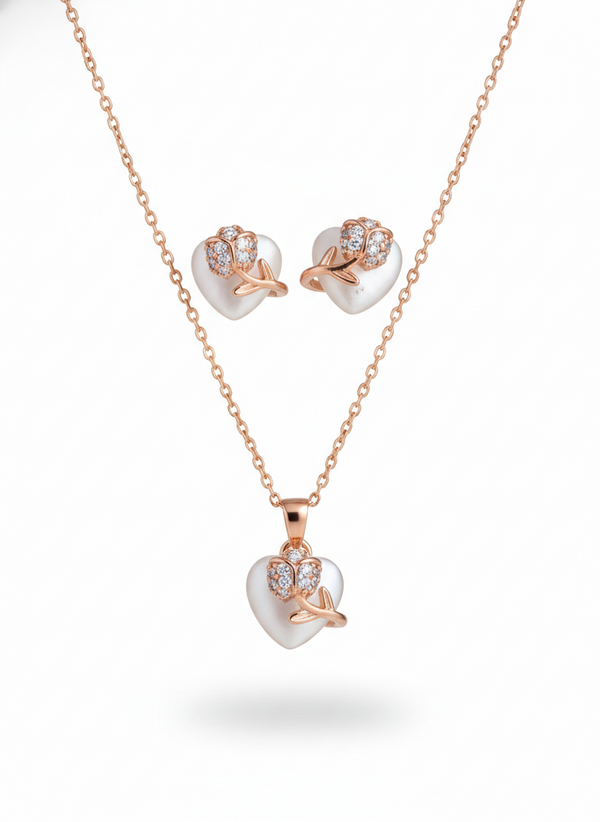 925 Sterling Silver Rose Gold Heart Tulip Necklace Set (Mother of Pearl)