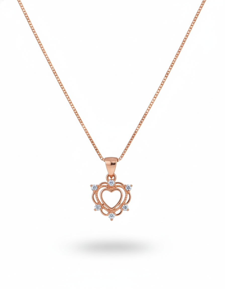 925 Sterling Silver Rose Gold Vintage Open Heart Necklace (Box Chain)