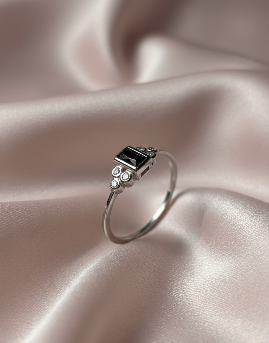 Midnight Elegance Black Onyx Baguette Ring in 925 Sterling Silver