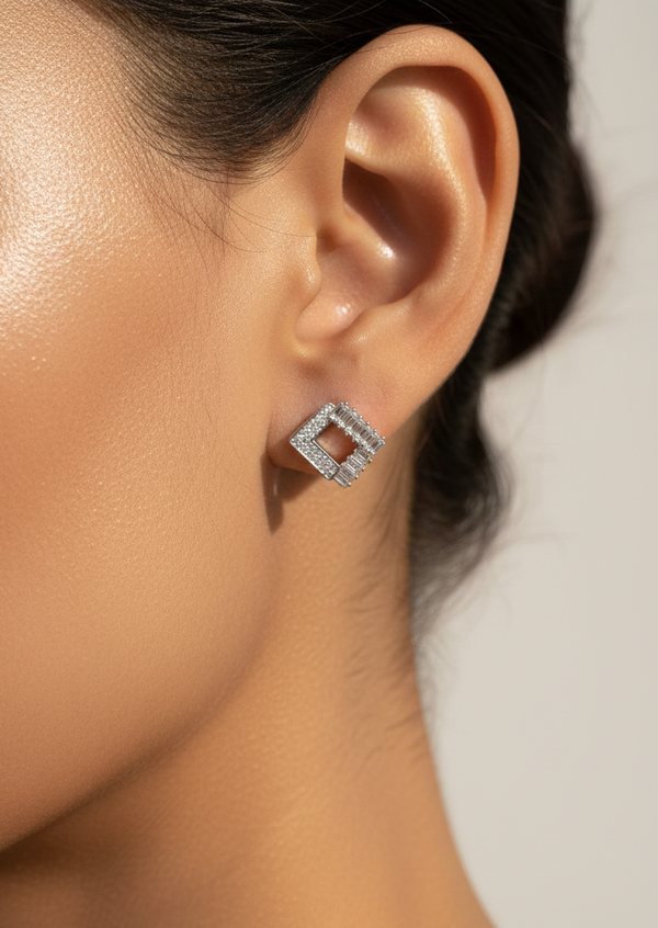 925 Sterling Silver Geometric Square Studs (Baguette & Pave)