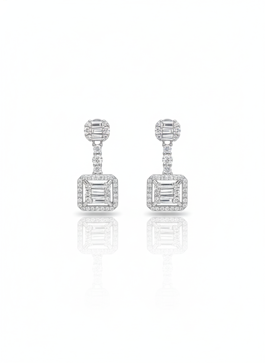 Sterling Silver Art Deco Baguette Halo Drop Earrings - Vintage CZ Dangle Earrings