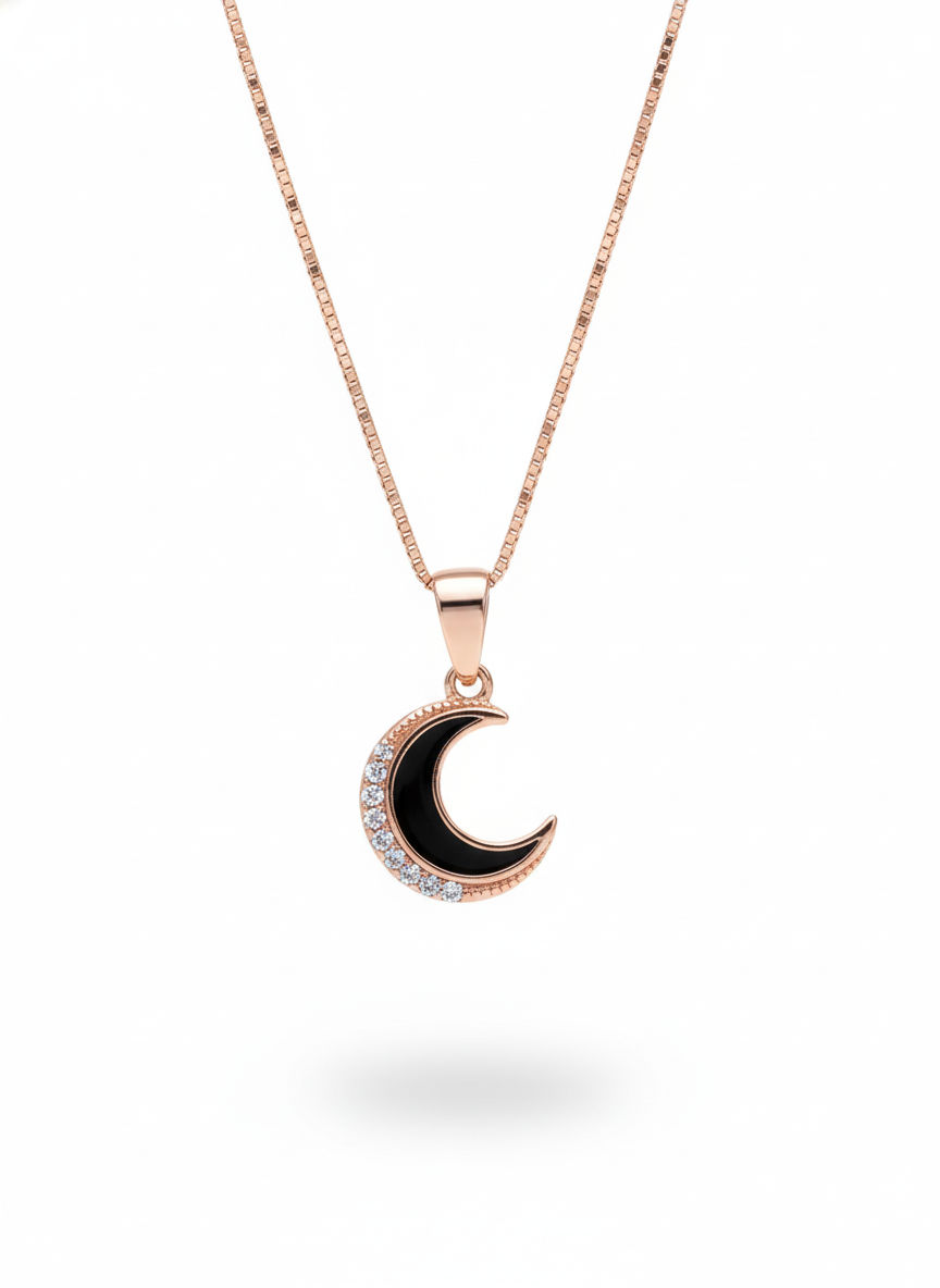 925 Sterling Silver Rose Gold Black Crescent Moon Necklace