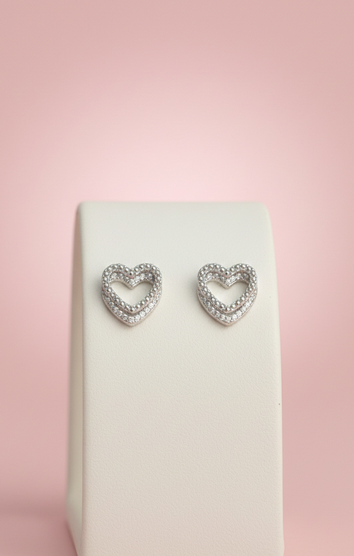 925 Sterling Silver Dainty Pavé Cubic Zirconia Open Heart Stud Earrings