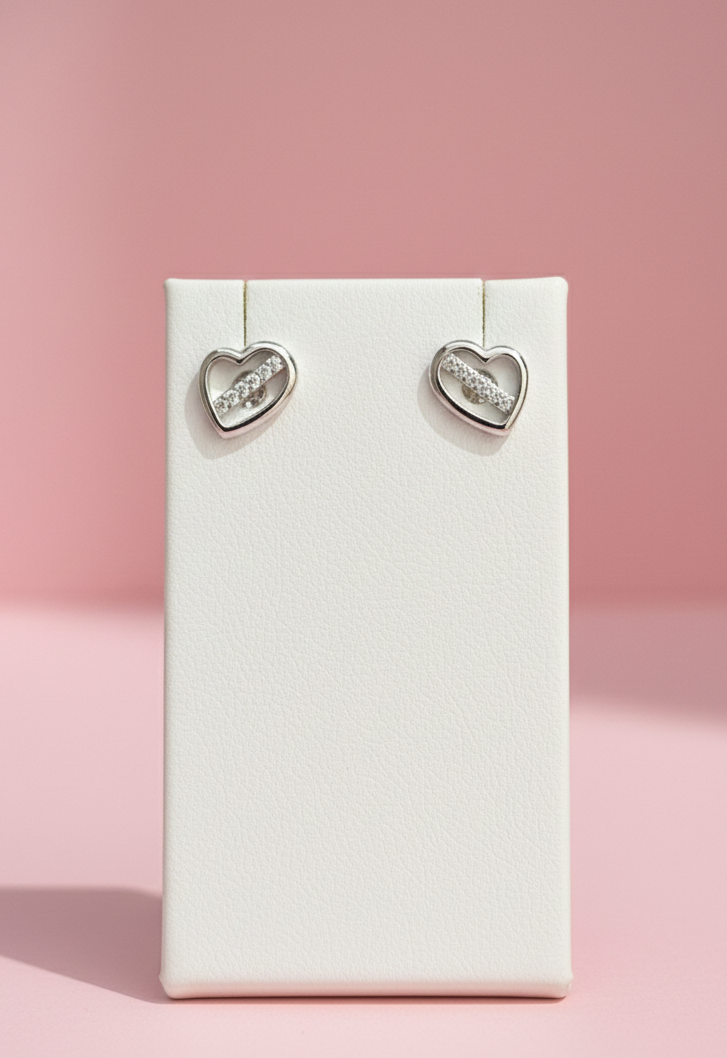 Modern Love Diagonal Sparkle Open Heart 925 Silver Stud Earrings
