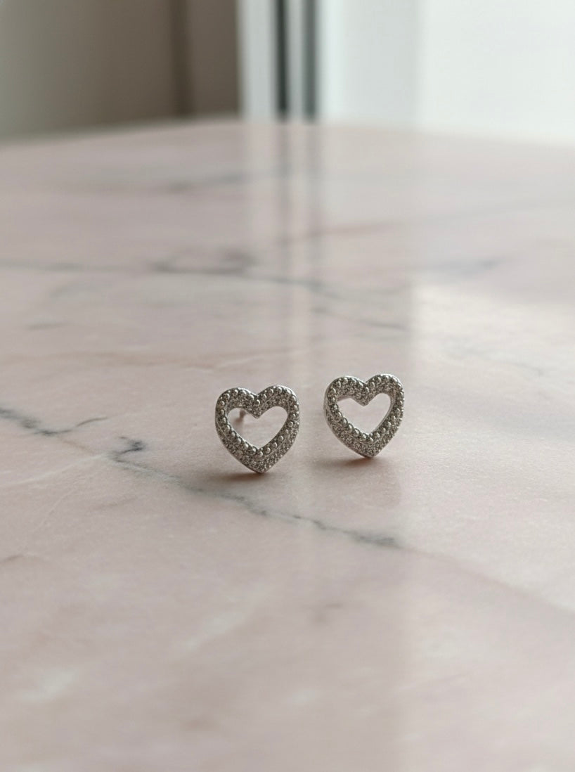 925 Sterling Silver Dainty Pavé Cubic Zirconia Open Heart Stud Earrings