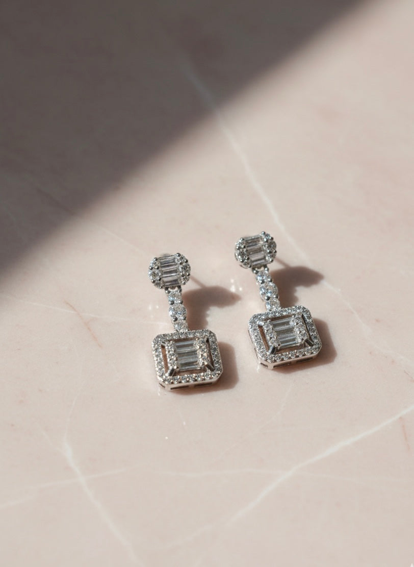 Sterling Silver Art Deco Baguette Halo Drop Earrings - Vintage CZ Dangle Earrings