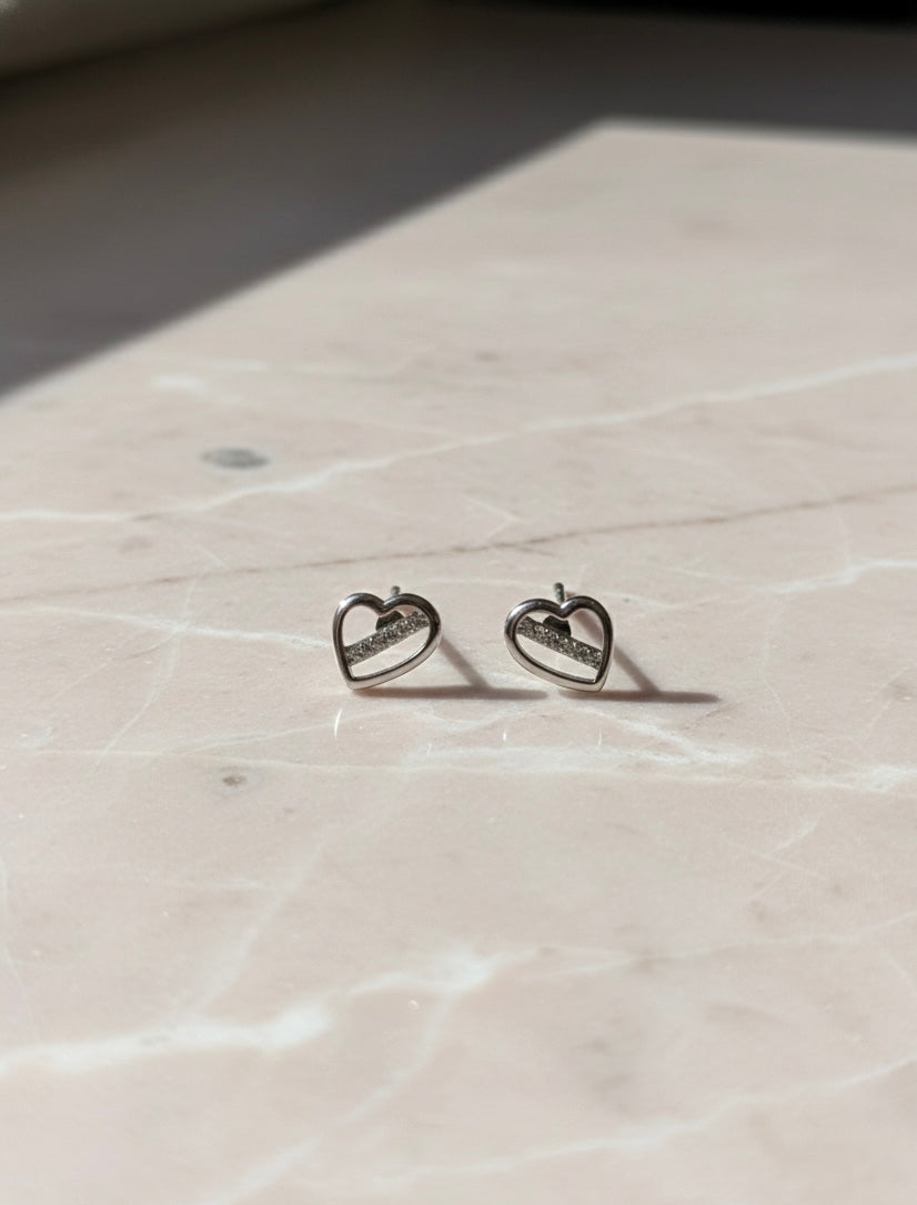 Modern Love Diagonal Sparkle Open Heart 925 Silver Stud Earrings