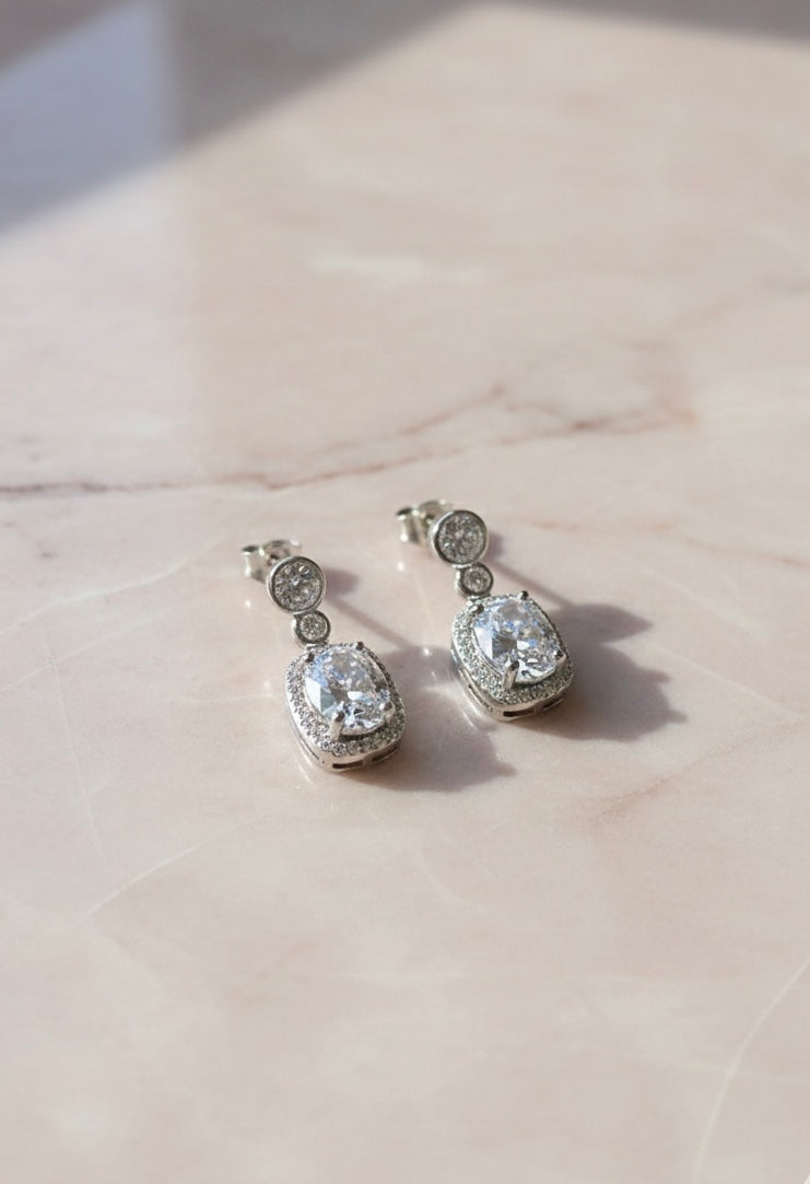 925 Sterling Silver Cushion Cut Halo Drop Earrings - Elegant CZ Dangle Earrings for Women