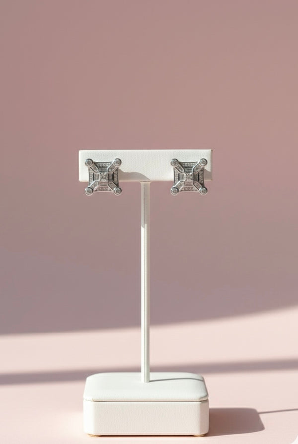 Majestic Rhodium-Plated Geometric Square Diamond Stud Earrings
