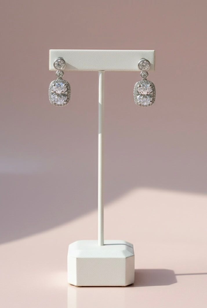 925 Sterling Silver Cushion Cut Halo Drop Earrings - Elegant CZ Dangle Earrings for Women