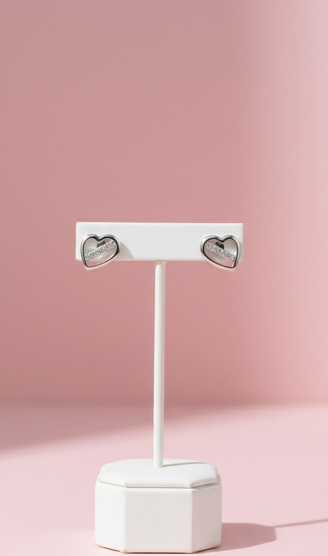 Modern Love Diagonal Sparkle Open Heart 925 Silver Stud Earrings