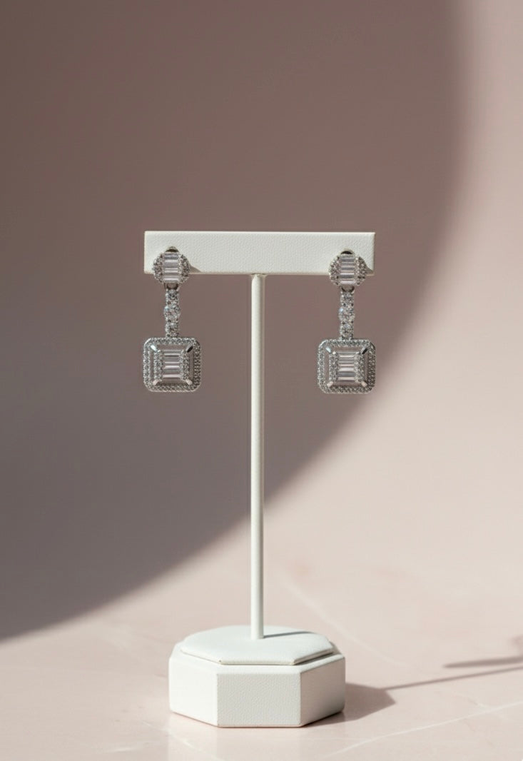 Sterling Silver Art Deco Baguette Halo Drop Earrings - Vintage CZ Dangle Earrings