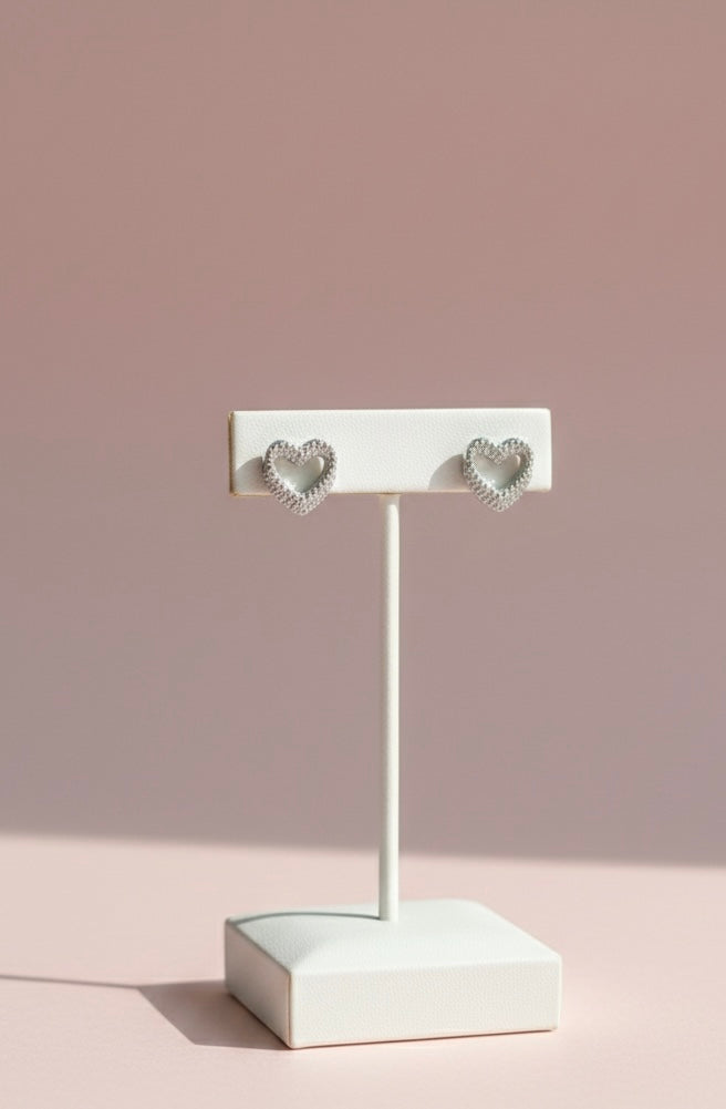925 Sterling Silver Dainty Pavé Cubic Zirconia Open Heart Stud Earrings