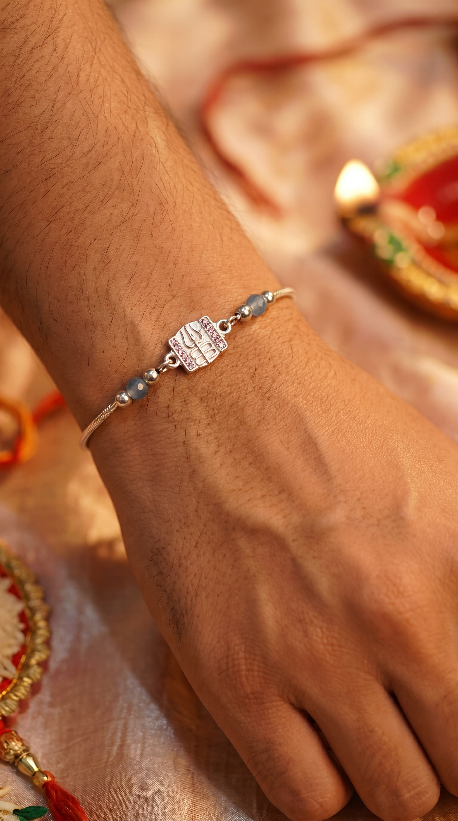 ARNASILVERS Premium Silver Trishul & Damru Rakhi Bracelet