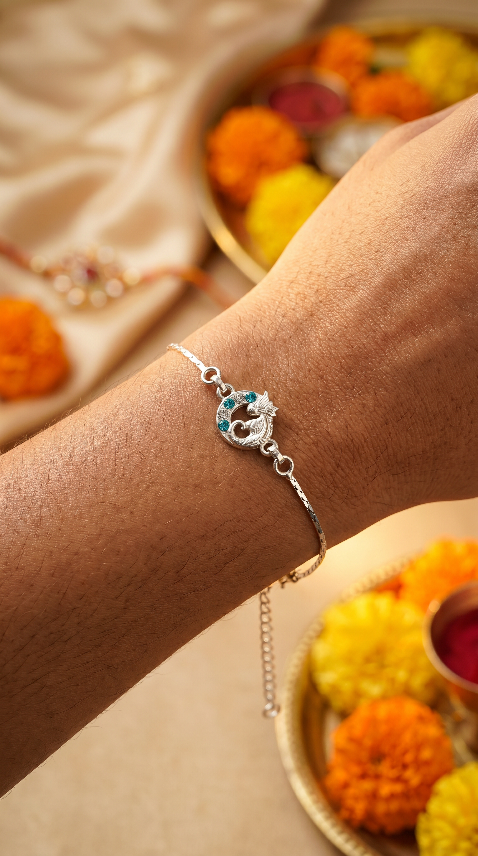 ARNASILVERS Premium 100% Genuine Silver Moon & Baby Rakhi Bracelet