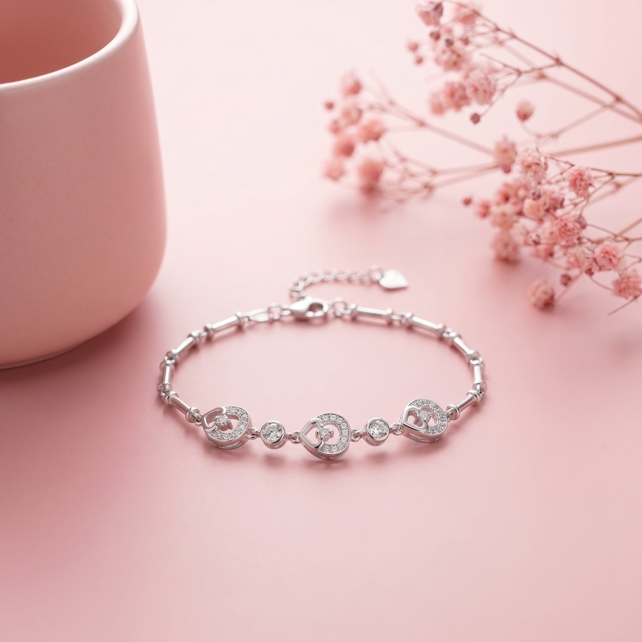 Arnas Signature 925 Silver Triple Heart Halo Link Bracelet