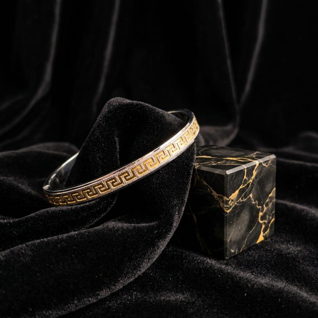 Arna’s Signature Dual-Tone Greek Key 925 Sterling Silver Kada