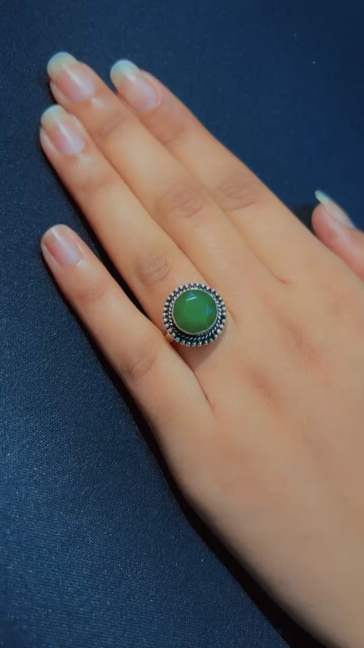 Arna's Silver 925 Pure Sterling Silver Royal Green Onyx Statement Ring