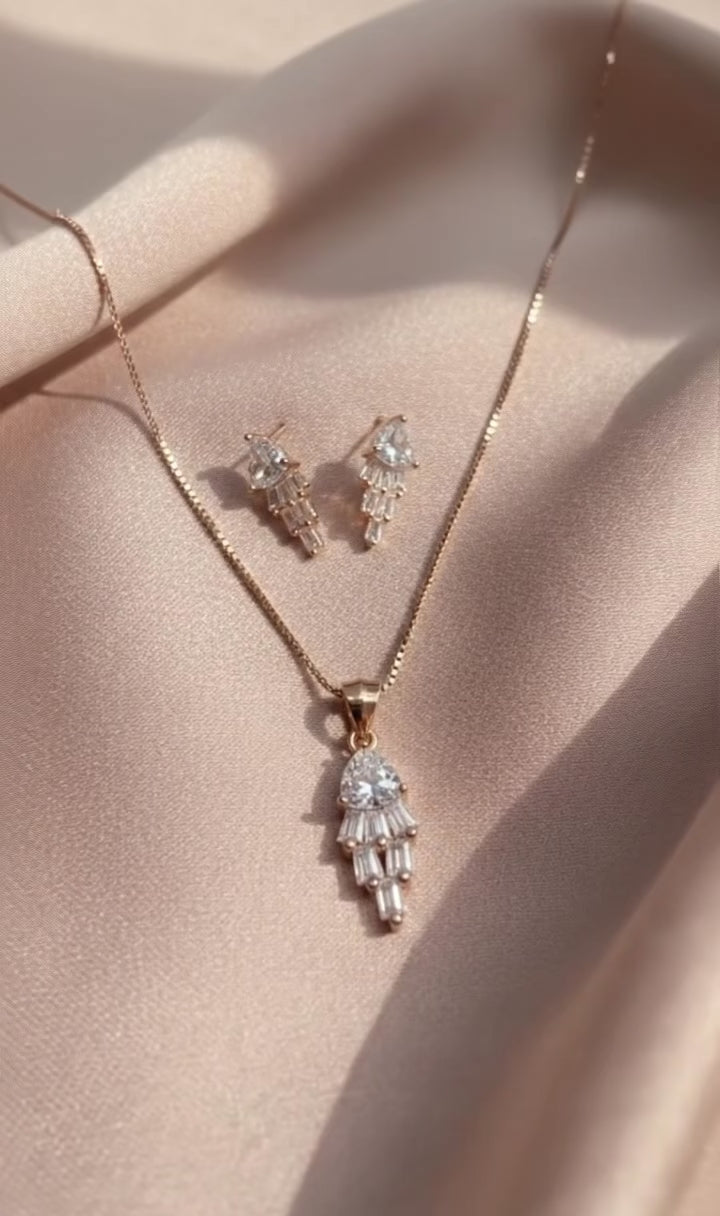 925 Sterling Silver Rose Gold Waterfall Pendant Set (Baguette & Pear Cut)